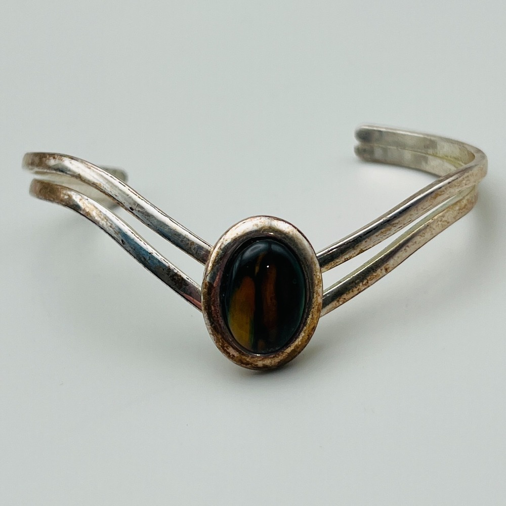 Silver Tone V Cuff Bracelet Black‎ Brown Glass Cabochon Modern Minimalist Open
